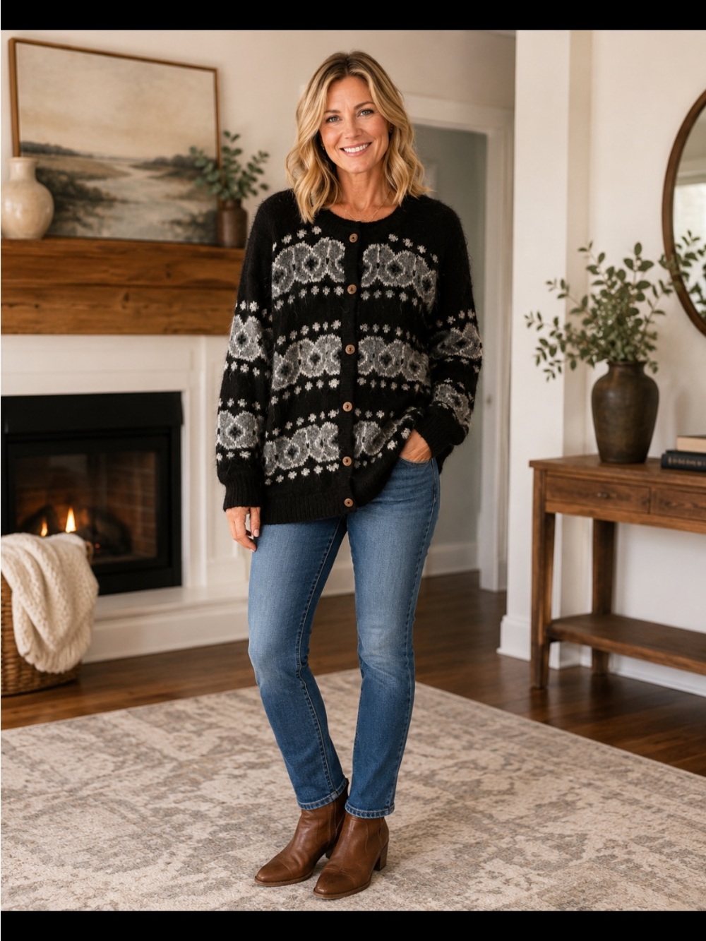 Vintage Rey Ware 100% Alpaca Black Fair Isle Button-Front Cardigan Sweater
